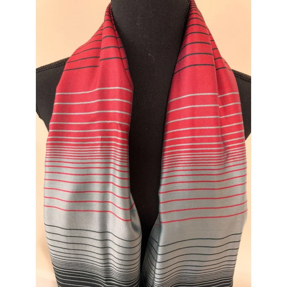 Bulbul Handicraft Silk Wool Blend Scarf from India Teal Red Striped Fringe Wrap
